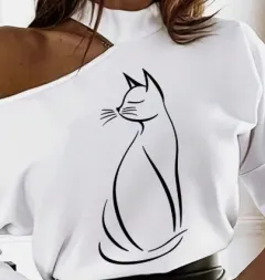 Women's White Long Sleeve T-Shirt With Cartoon Line Pattern & Open Shoulder Design Graphic Tees Women Tops For Spring Outfit - White1 - View 1