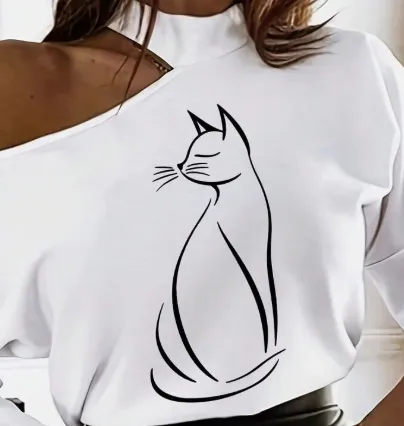 Women's White Long Sleeve T Shirt With Cartoon Line Pattern & Open Shoulder Design Graphic Tees Women Tops For Spring Outfit White1 - Shop at LoveMi