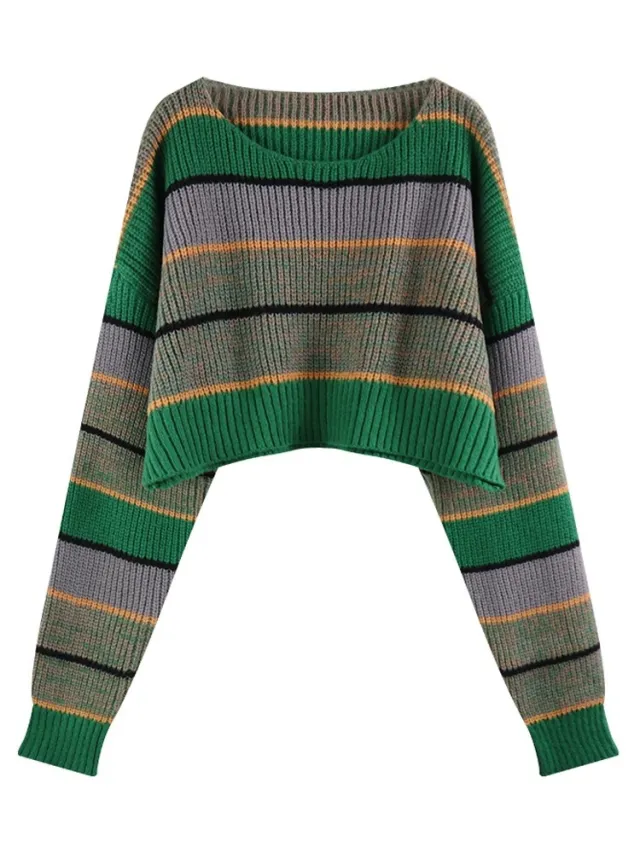 Short Colored Mosaic Striped Knitted Sweater Red - Shop at LoveMi