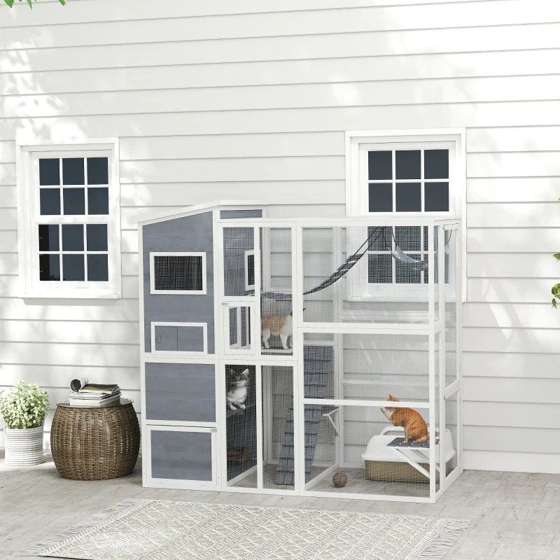 Large Wooden Catio Outdoor, Cat Enclosure W 4 Tier Resting Rooms, 3 Platforms, 1 Soft Ladder, 2 Ramps, 1 Hammock, Gray
