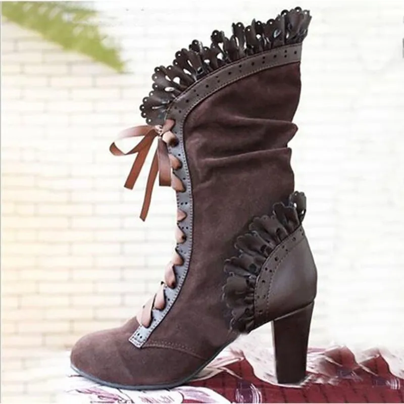 Lace-Up Combat Boot Women Ruffle Design Ethnic Shoes - Brown