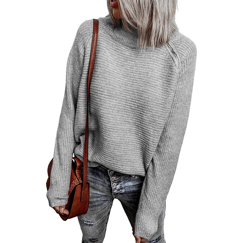 Europe And America New Style Sweater Women's Solid Color Zipper Knitted Top Grey - Shop at LoveMi