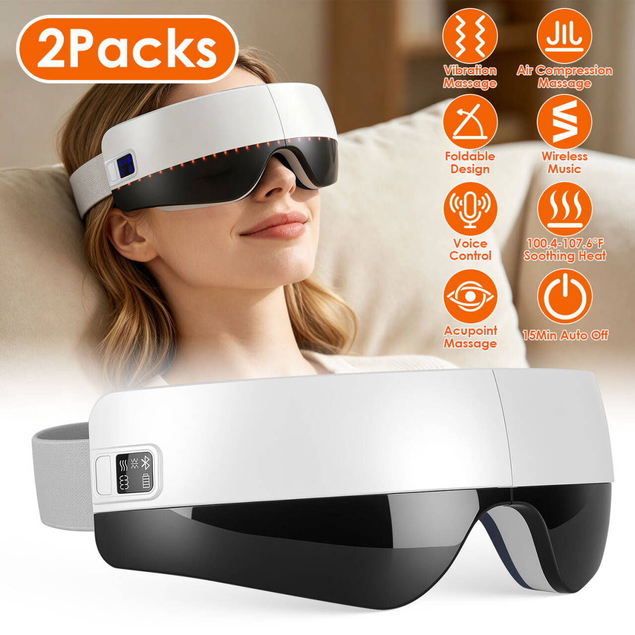 2Pcs Eye Massager With Heat Air Compression & Vibration Voice Control 4 Massage Modes Wireless Music Playback Foldable Eye Massage Mask With Adjustable Intensity Ambient Light 15-Min Auto Timer — 1