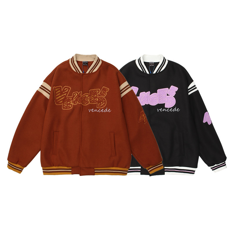 Fashion Simple Embroidery Loose Woolen Coat