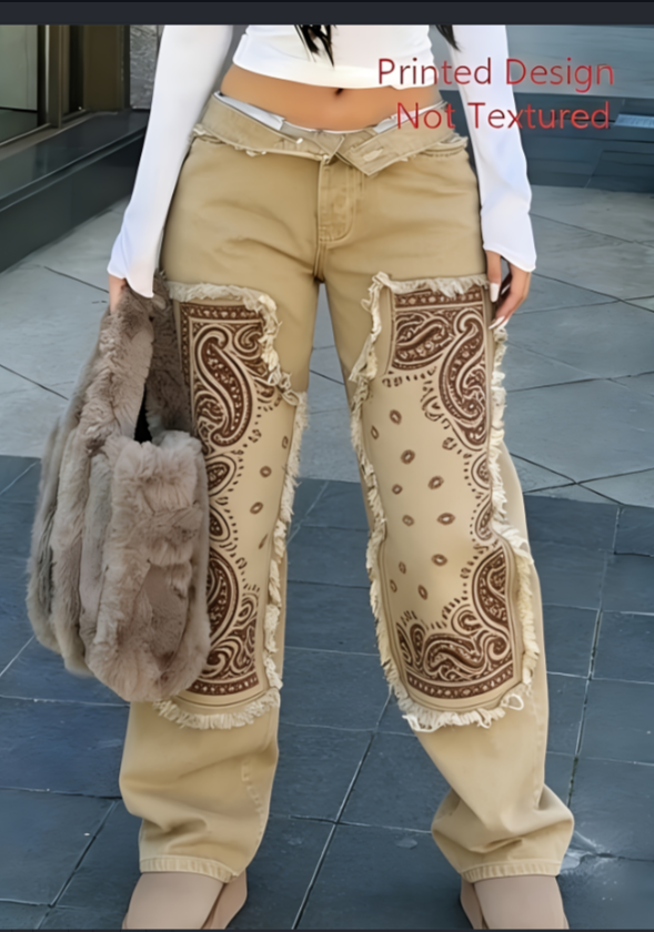 High-waisted Fringed Patchwork Wide-leg Jeans