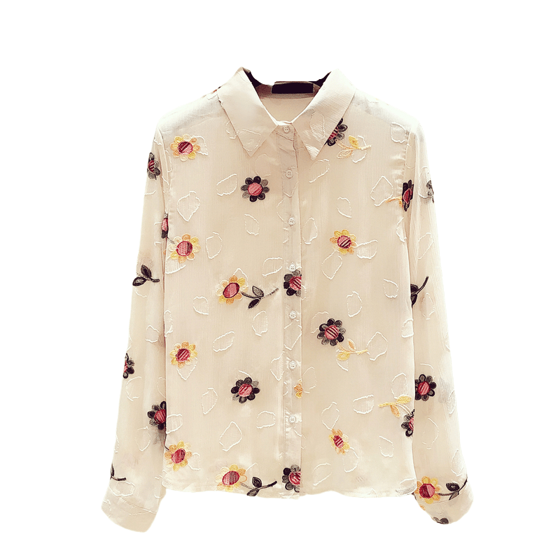 Hong Kong-style Floral Embroidered Chiffon Shirt