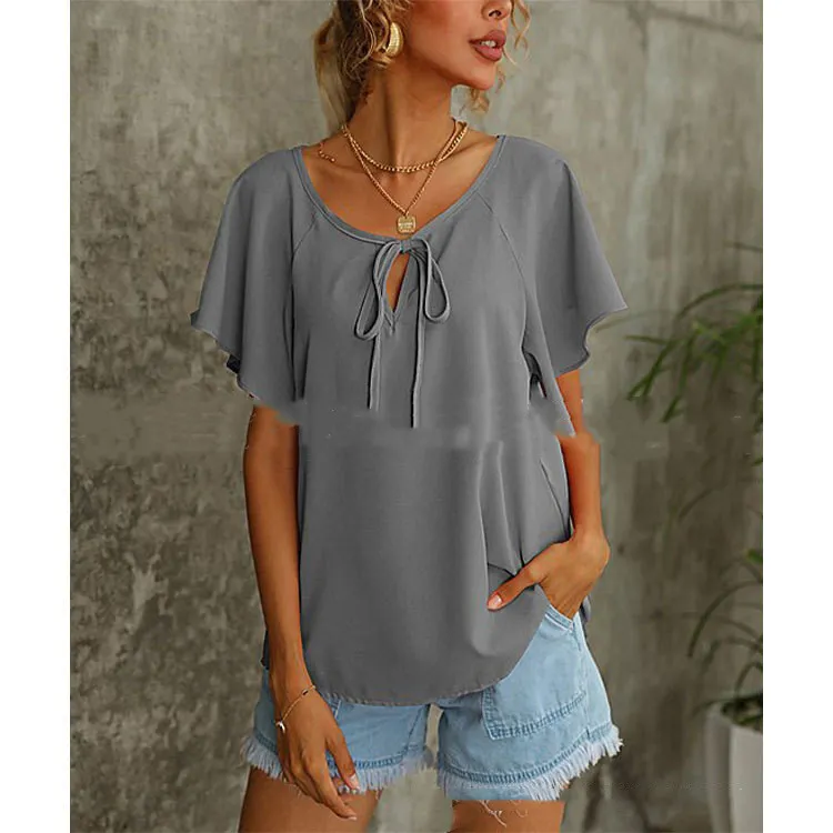 Women's Short Sleeve Fashion Solid Color V-Neck Shirt Top Women - Grey