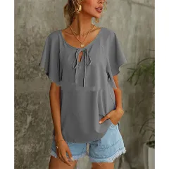 Women's Short Sleeve Fashion Solid Color V-Neck Shirt Top Women - Grey - View 1