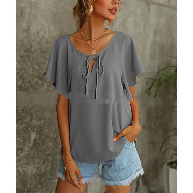 Women's Short Sleeve Fashion Solid Color V Neck Shirt Top Women Grey - Shop at LoveMi