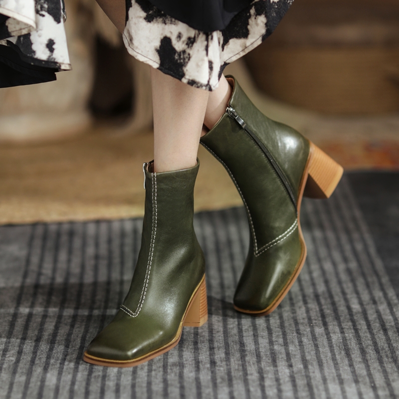 Title 2, Lambskin Square Toe Retro Chunky Heel Ankle Boo...