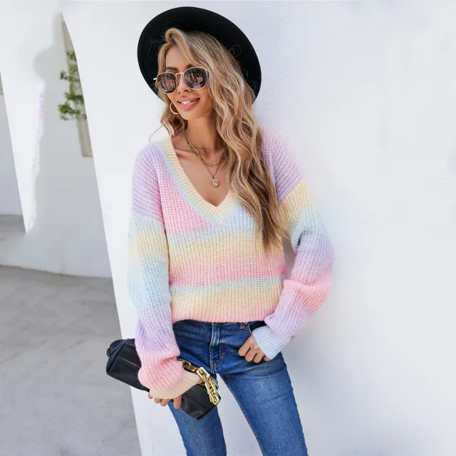 V neck Pullover Head Fashion Personality Sweater Knitting Pink - Shop at LoveMi