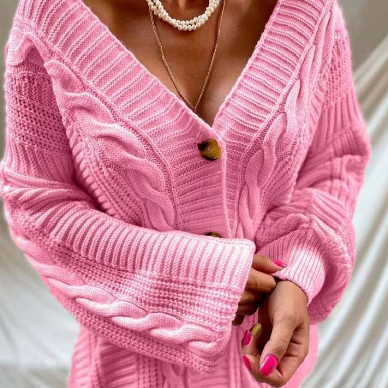 Women's Loose V-neck Sweater Coat Lantern Sleeve