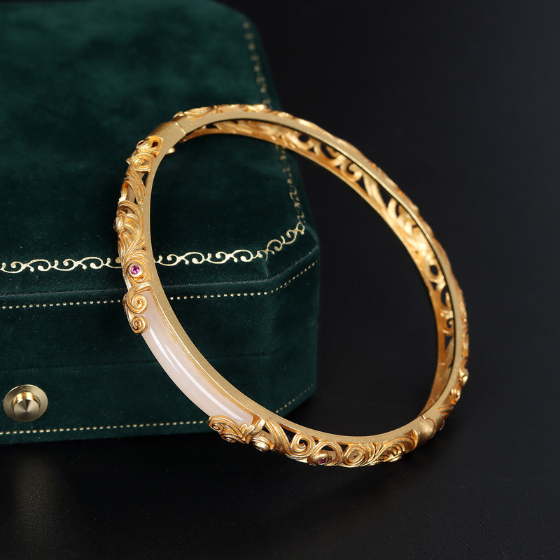Ancient Craft Gold-Plated Filigree S925 Silver Hetian Jade Hollow Bangle, Retro Style Gift For Women, Perfect For Valentine's Day & Birthday