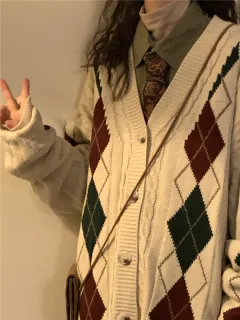 Loose Fitting American Vintage Plaid Cardigan Sweater Jacket - Apricot - View 1