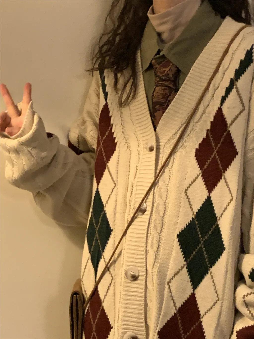 Loose Fitting American Vintage Plaid Cardigan Sweater Jacket - Apricot