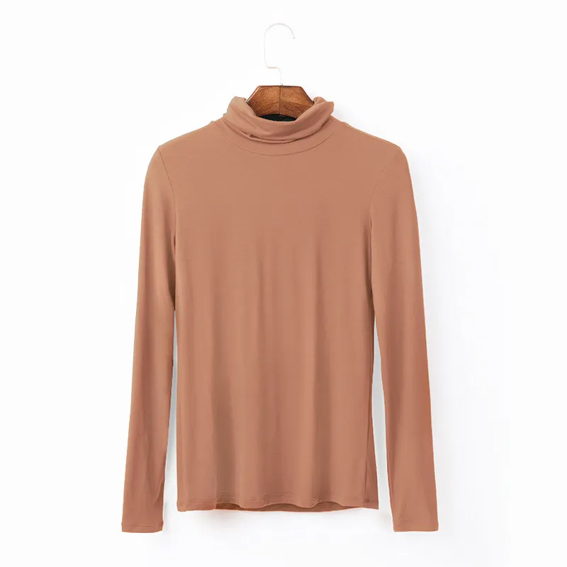 Oversize Women's Long Sleeved T-shirt Solid Color High Collar Modal Undercoat - Brick-S