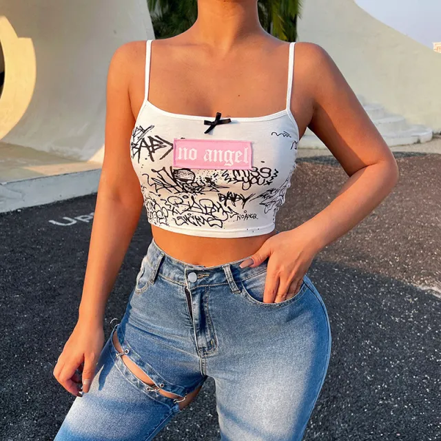 Women's Graffiti Suspenders Cropped One Shoulder Top White - Shop at LoveMi