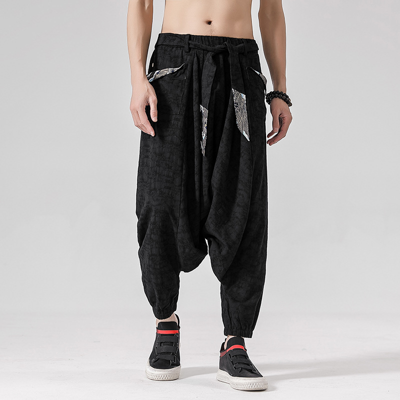 Cotton And Linen Baggy Pants With Stitching Belt