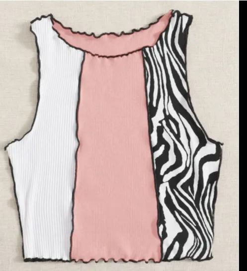 Women's Pit Striped Vest Bottoming Short Back Knitted Colorblock Top - Pink
