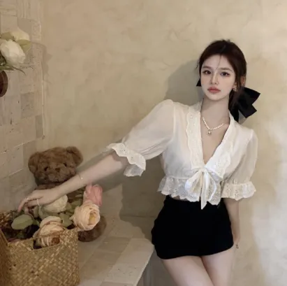 Women's French V Neck Ruffle Short Sleeve Shirt White - Shop at LoveMi