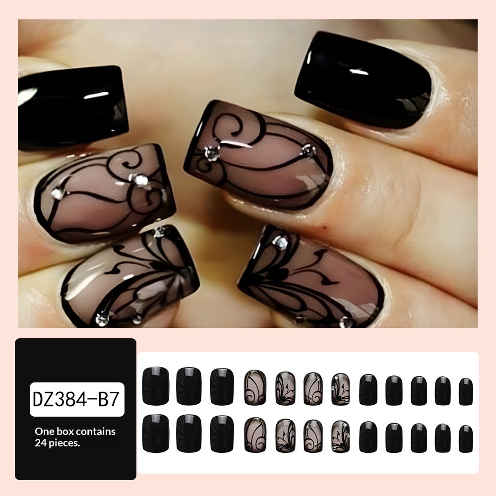 24-piece Short Square Mysterious Black Vine-studded Diamond-accented Nail Polish Set.Press The Nails For Application.Includes 1 Tube Of Gel Polish And 1 Nail File.Suitable For Women And Girls