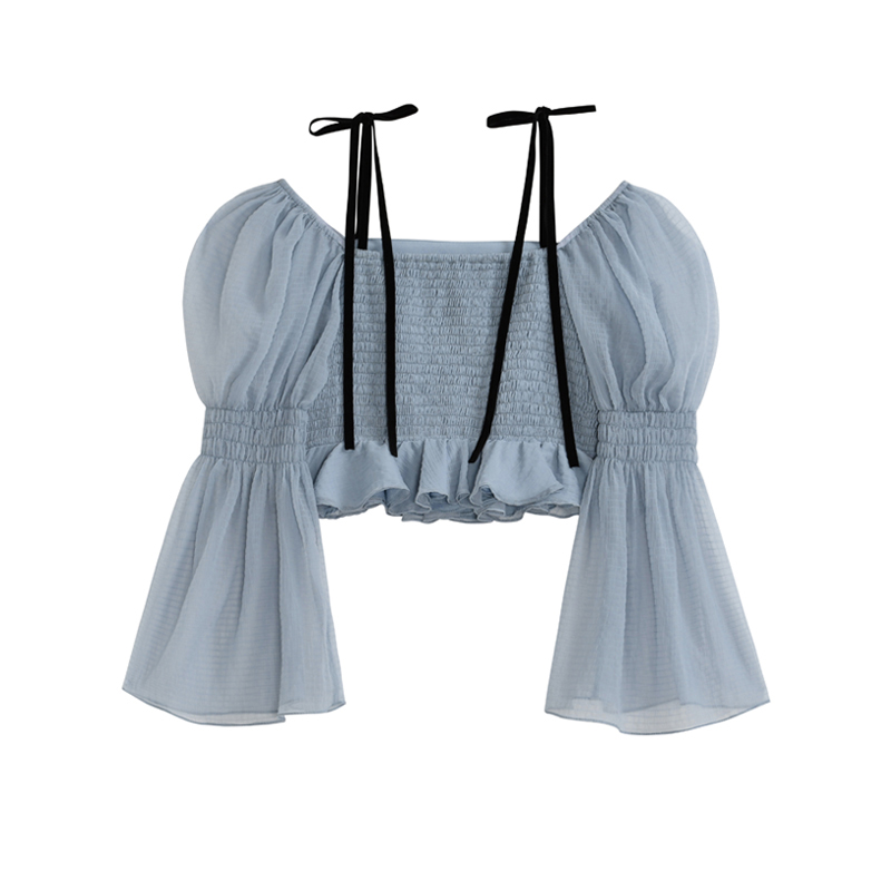 Sweet Off-shoulder Puff Sleeve Pleated Hot Girl One-shoulder Top