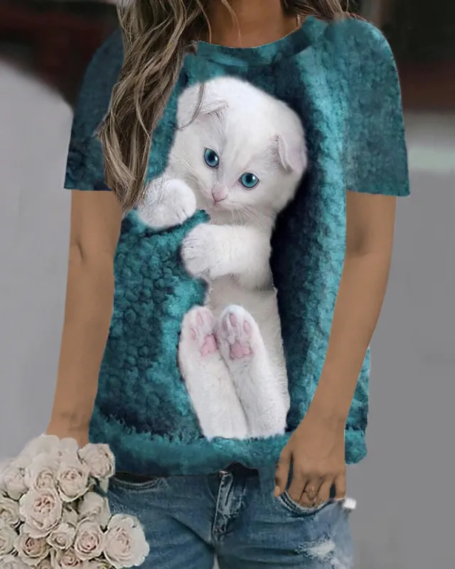 Casual Loose Fit Cat Print Short Sleeve Malachite Blue - Shop at LoveMi