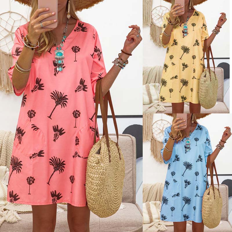 Short Sleeve Fashion Digital Printing Loose Dress Long Dress Women