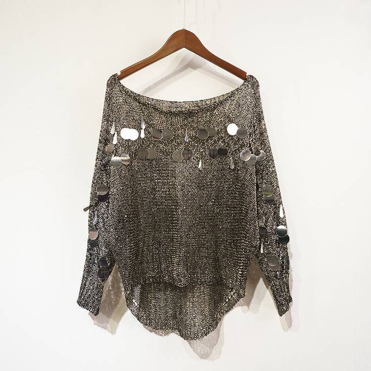 Women's One-word Neck Loose Pullover Bat Sleeve Sequined Top Knit Sweater
