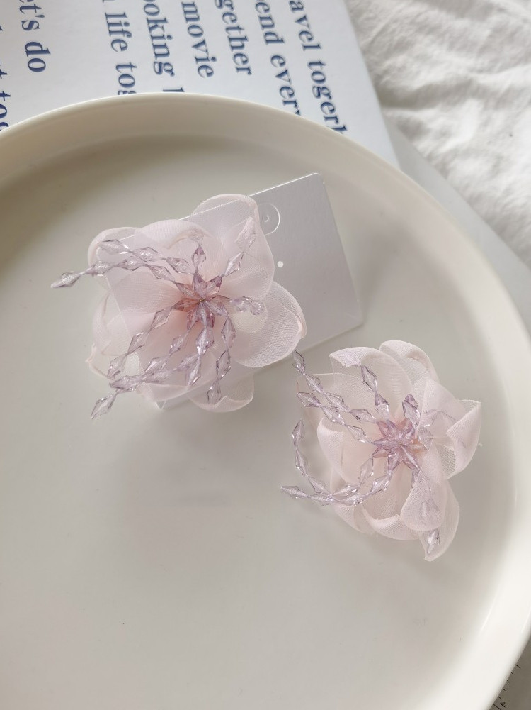 Temperament Flower Sweet Tulle Beaded Exaggerated Earrings