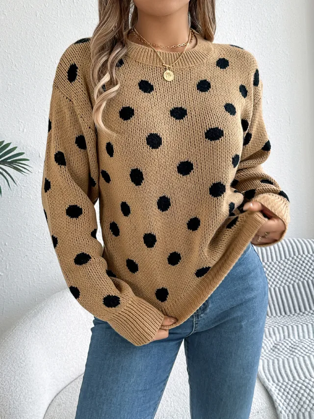 Casual Color Block Polka Dot Long Sleeve Pullover Sweater Khaki - Shop at LoveMi