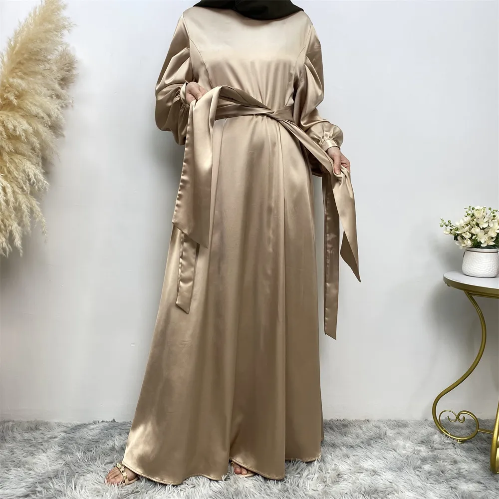 Thick Satin Lace Up Sleeves Elegant Dress - Gold