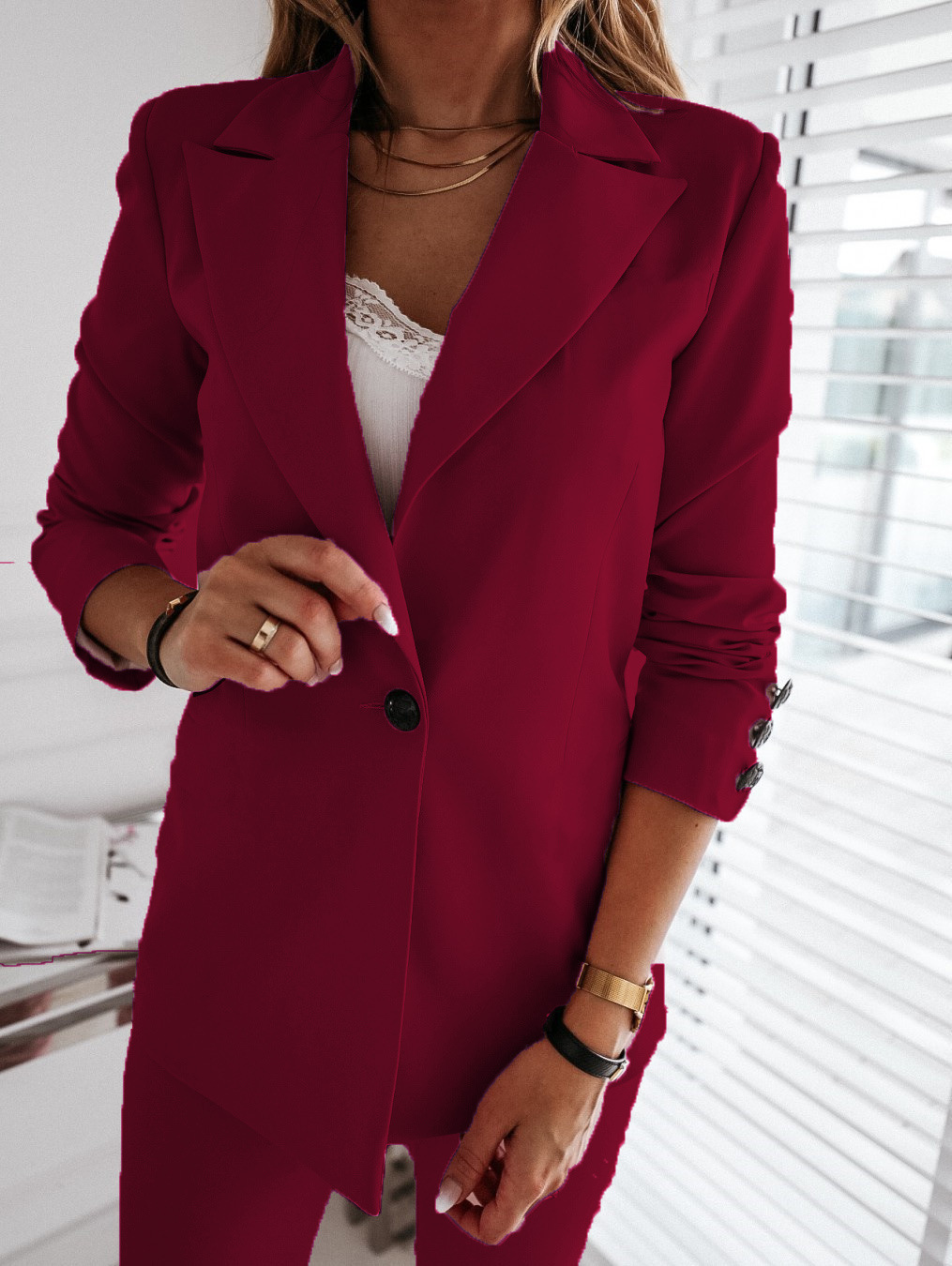 Long Sleeve Solid Color Collar Button Suit
