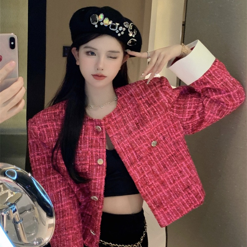 Rose Red Loose Autumn Short Jacket Top Button Long Sleeve Rose - Shop at LoveMi