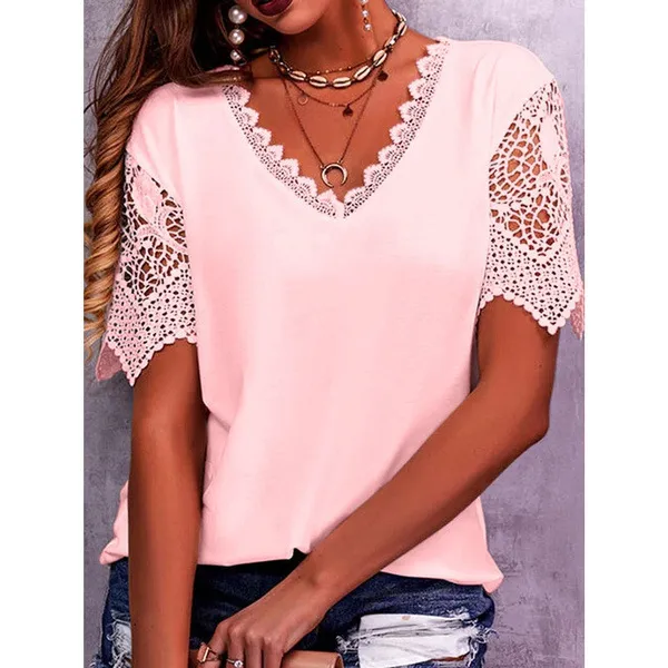 Lace Tops Women Summer Loose V Neck Short Sleeve Casual Shirts Pink Blush pink - Shop at LoveMi