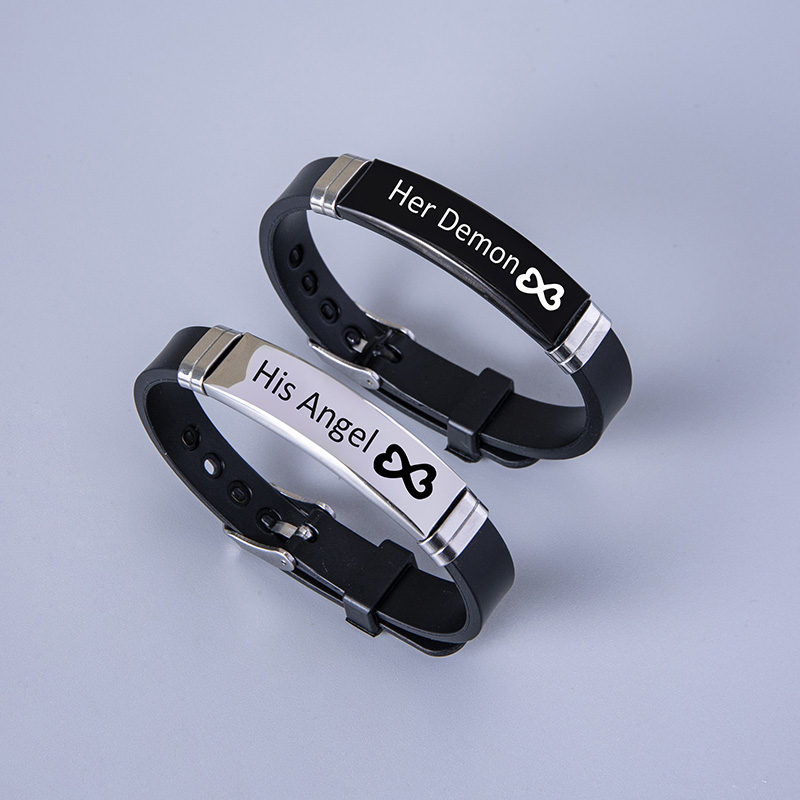 His Angel Her Demon Love Heart Infinity Stainless Steel Silicone Couple Bracelets