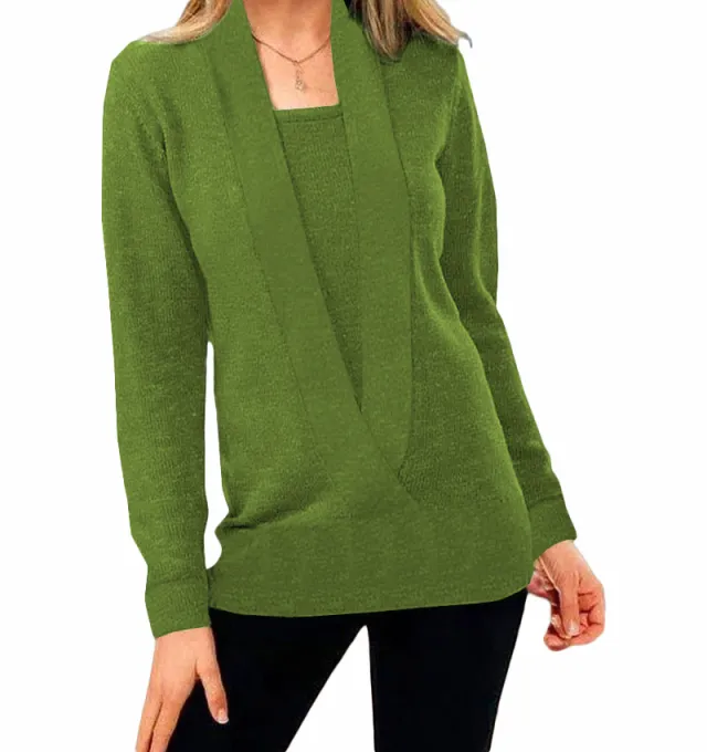 Knitted Solid Color Deep V neck Long Sleeved Sweater For Women Green - Shop at LoveMi