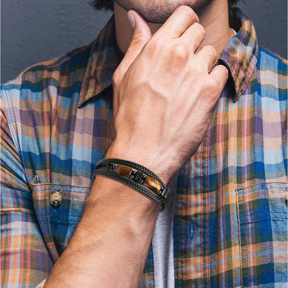 Natural Tiger Eye Stone Bracelet Healing Tiger Eye Quartz Leather Braided Gift - Image 2