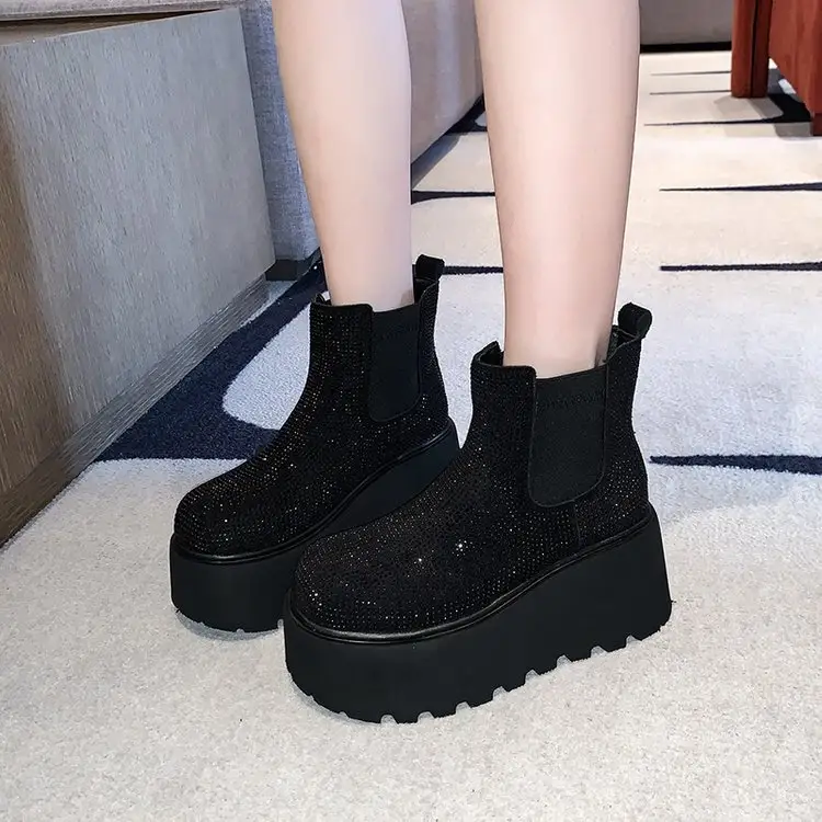 Women Full Rhinestone Platform Boots Sparkly Glitter