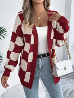 Colour Block Plaid Lantern Sleeve Cardigan Sweater Mid-Length Coat - Burgundy - View 1