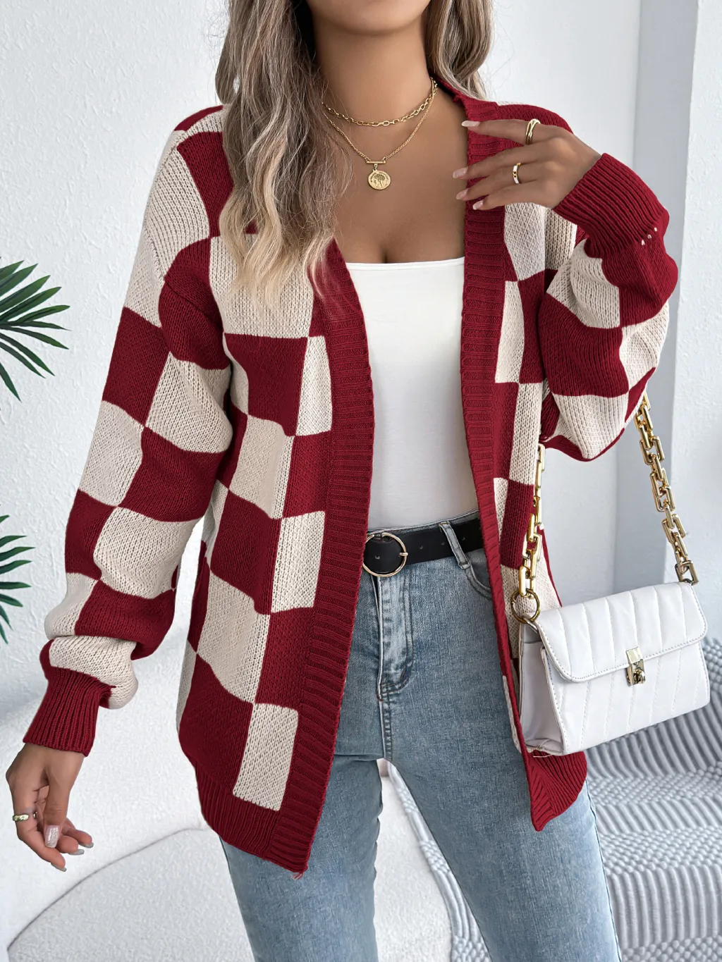 Color Block Plaid Lantern Sleeve Cardigan Sweater Mid-Length Coat - Burgundy