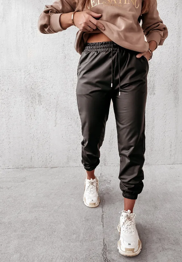 Women Solid Color Strapped Casual Leather Pants Black - Shop at LoveMi