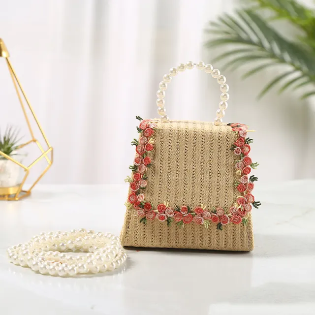 Lace Style Straw Bag With Pearl Portable Diagonal Cross Cute Apricot - Shop at LoveMi