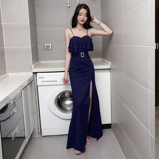 Women's Evening Dress French Temperament Sling Wine Red Split Sexy Long Skirt Blue - Shop at LoveMi