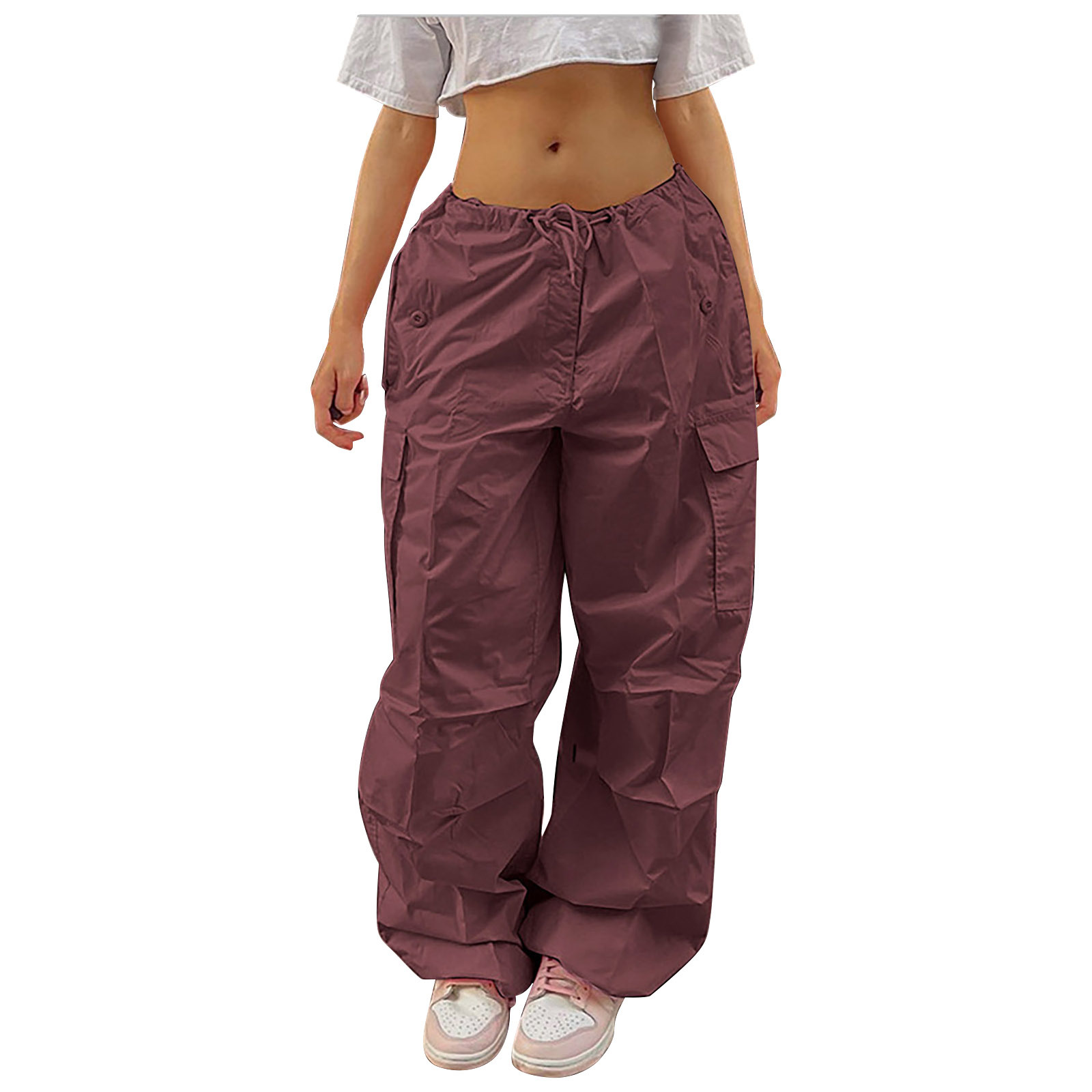 Casual Cargo Pants For Women Solid Color Drawstring Pocket Design Fashion Street Trousers Girls Wine - Shop at LoveMi