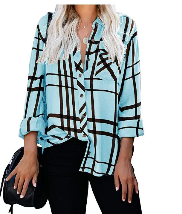 European And American Lapel Casual Long Sleeve Plaid Printed Lining Sky Blue - Shop at LoveMi