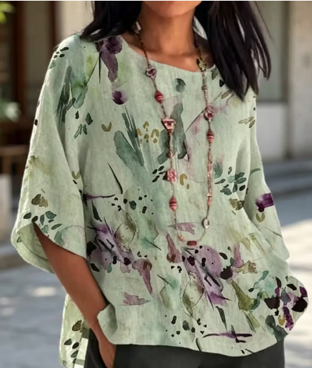 Abstract Watercolor Floral Print Batwing Sleeve Round Neck Casual Blouse