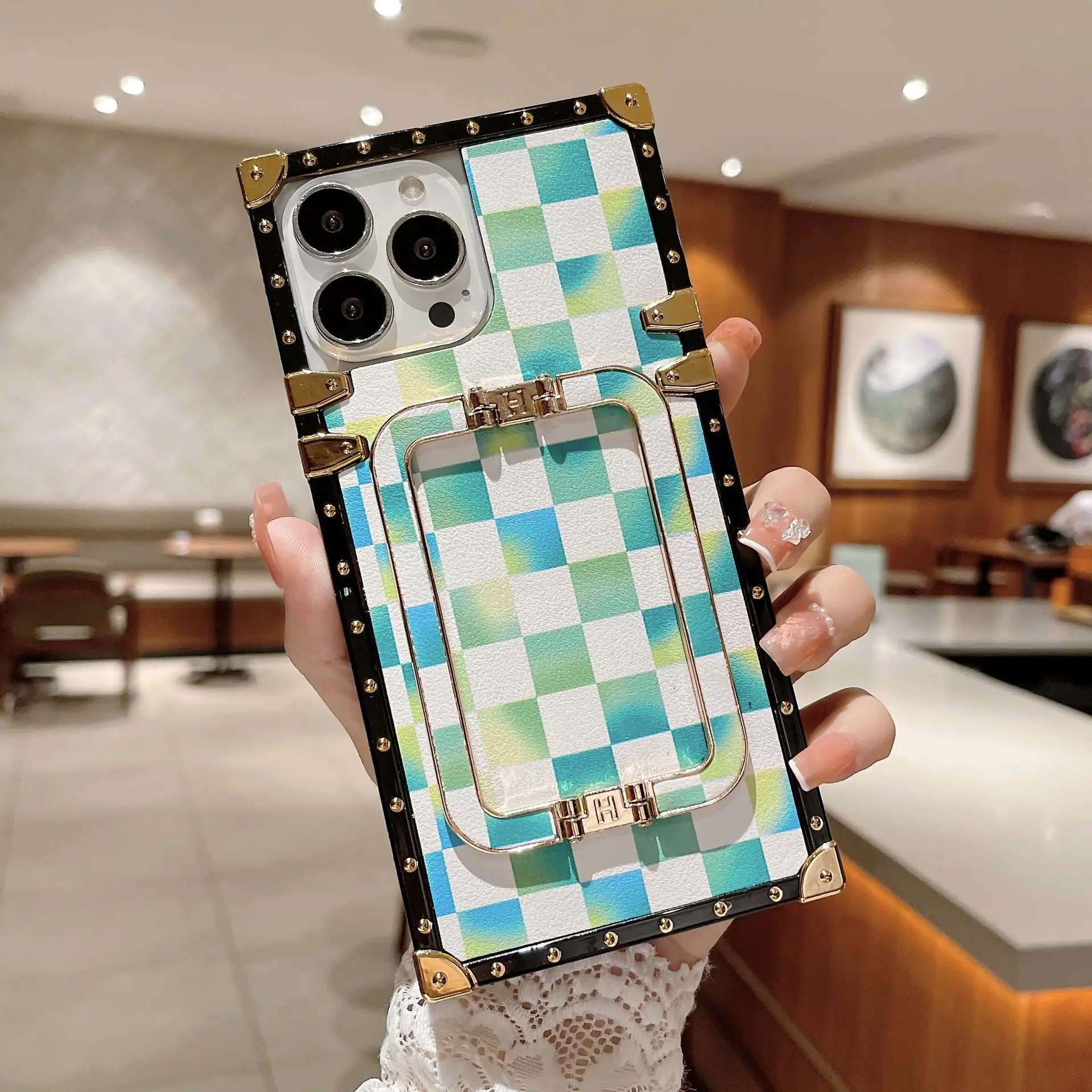 Checkerboard Square Bracket Shell Mobile Phone Case