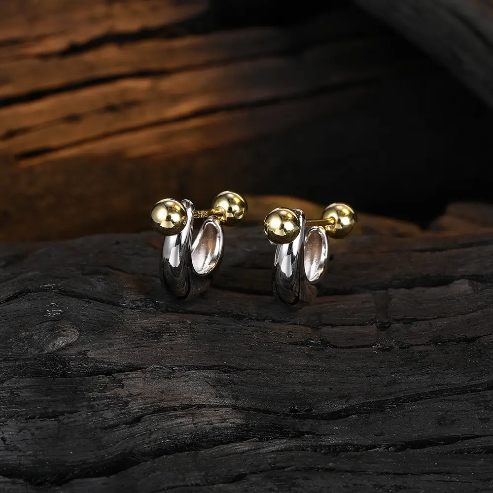 Simple Niche Semi-circle Earrings S925 Entire Sterling Silver Screw Contrast Color Ear Studs Personality All-match