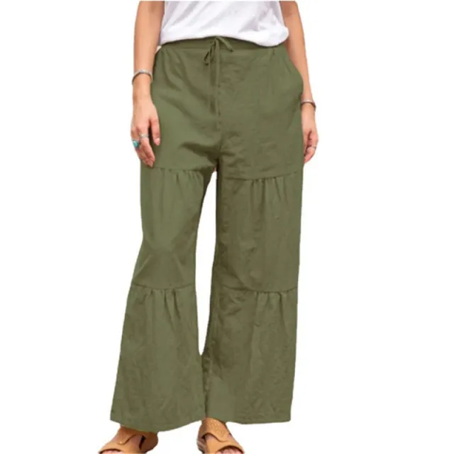 Women's Linen Cotton Solid Color Stitching Casual Pants Army Green - Shop at LoveMi